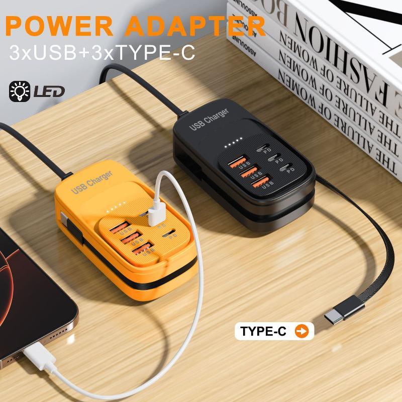 1Pcs 6 Usb A Charger Usb Quick Charging Socket With Type C Cable 3 Usb 3Pd Power Strip Mobile Phone Eu/Us/Uk Plug Adapter