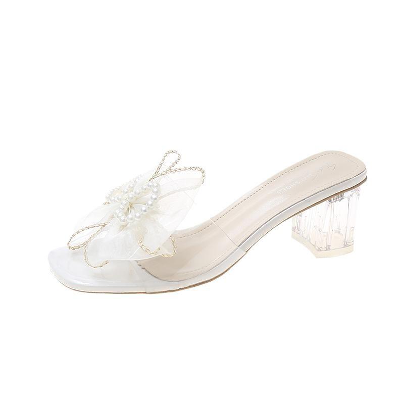 Fairy style slippers female summer outer wear 2025 new crystal thick heel pearl bow transparent high heel cool slippers