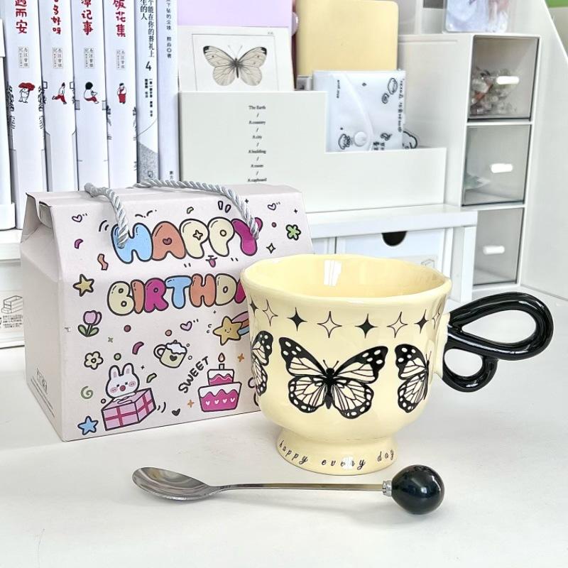 French Retro Butterfly Mug for Girls, High-end Coffee Cup, High-value Ceramic Water Cup, Birthday Gift for Girlfriends
