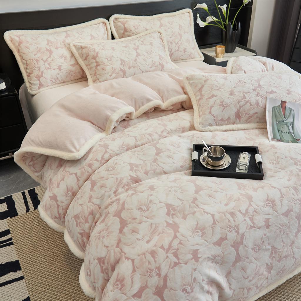 Maternal And Infant Grade Thickened Milk Fleece Four-Piece Set Antistatic Warm Fleece Set Warm Carved Fleece Quilt Cover Bedding