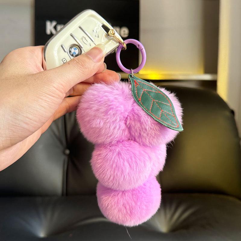 Real Rex Rabbit Fur Grape Keychain & Bag Charm - Cute Pendant Pompon