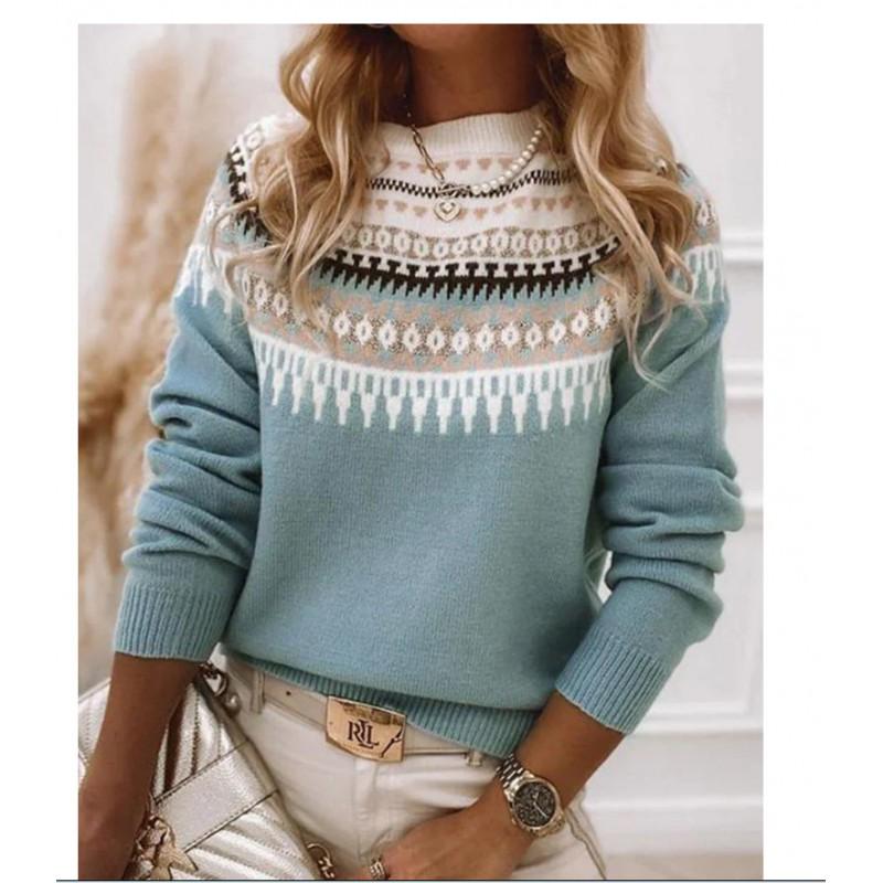 Womens Round Neck Colorblock Loose Knit Sweater Street Style Casual Pullover With Geometric
