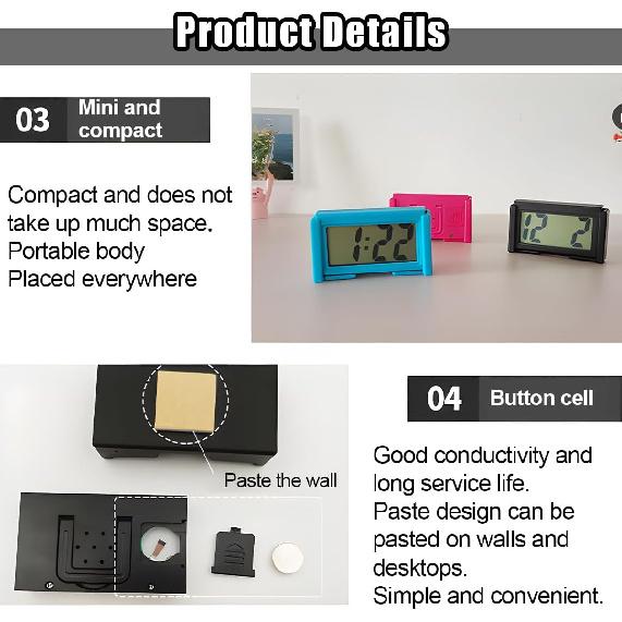 3PCS Mini Car Dashboard Digital Clocks, Small Self-Adhesive Bracket Vehicle Air Vent Electronic Watch with Clear LCD Screen Time & Day Display,
