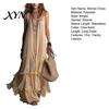 Light Beige Skirt Summer Ruffle Tiered Swing Dress for Women, Boho Beach Daily Outing Flowy Maxi Sundress, Sleeveless A-line Loose Long Casual