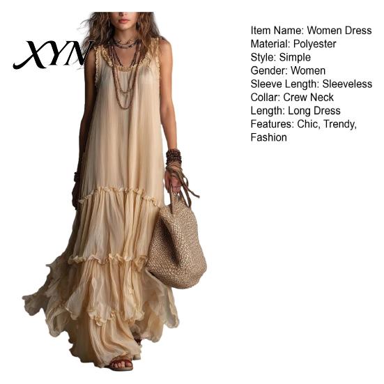 Light Beige Skirt Summer Ruffle Tiered Swing Dress for Women, Boho Beach Daily Outing Flowy Maxi Sundress, Sleeveless A-line Loose Long Casual