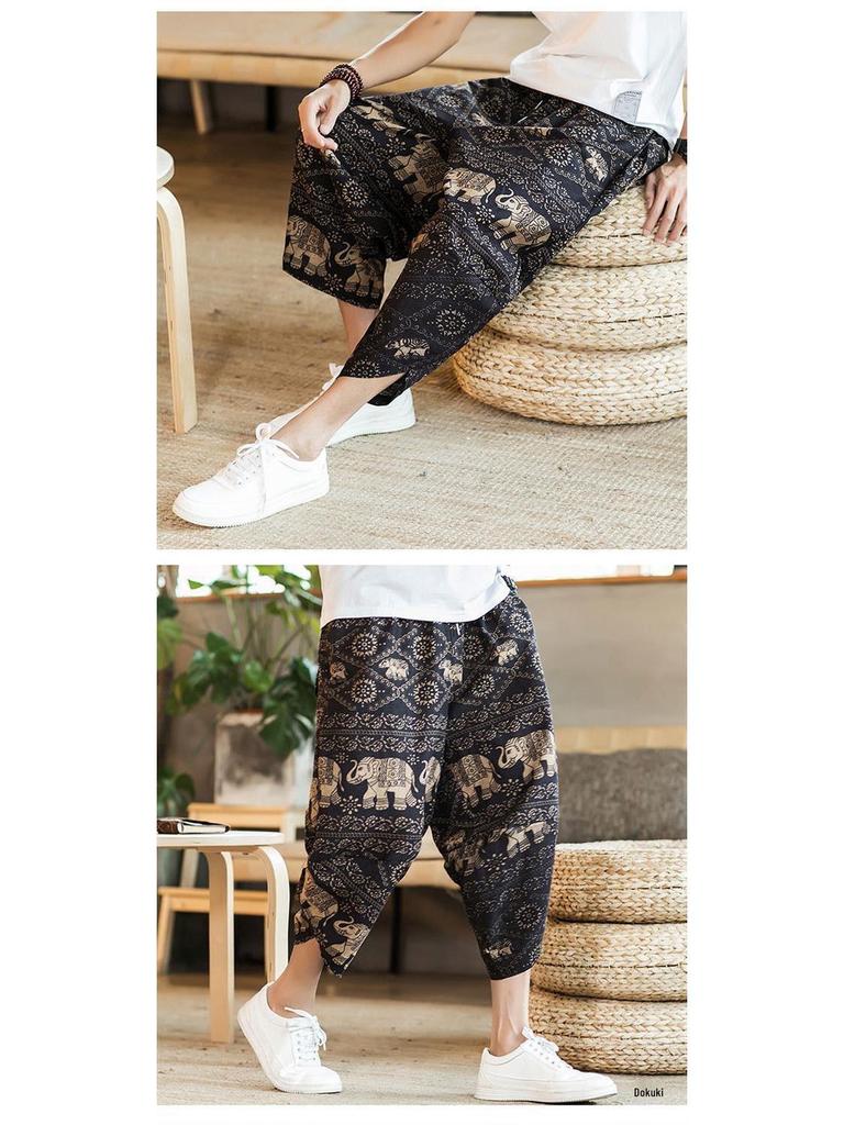 Men's Loose Linen Beach Pants, Wide-Leg 7-Point Harem, Casual Thai-Style Cotton Blend