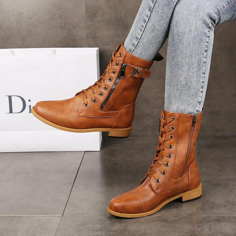 Large Size Cross-strap European and American Style Knight Boots Autumn and Winter Side Zipper Square Heel Round Head Women's Boots