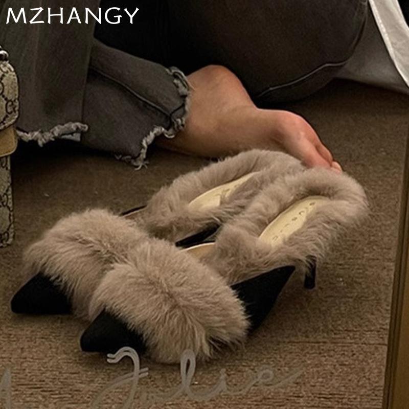 Fashion Fur Pointed Toes Women Slippers High Heels Sexy Luxury Shoes Woman 2024 Trend Winter Slingback Flip Flops New Pumps Mujer Slides