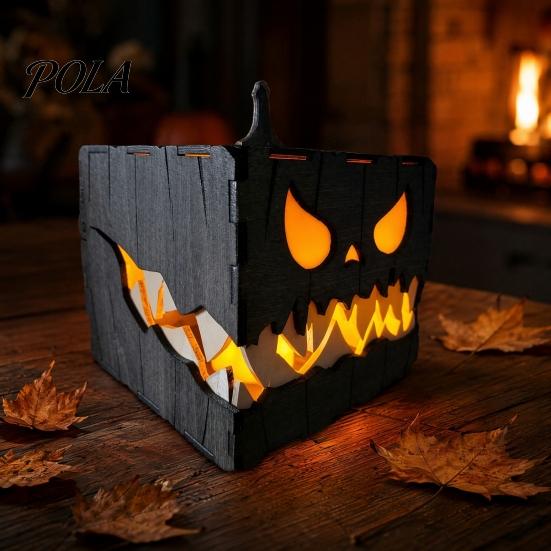 Dark Atmosphere Party Props Halloween Wooden Pumpkin Candle Holder, Jack O Lantern Demon Face Box Night Light Decor, Tabletop Centerpiece for