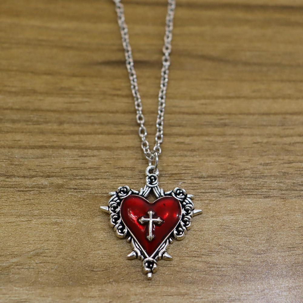 Gothic Punk Thorns Heart & Cross Bow Necklace - Retro Clavicle Chain, Ins Style