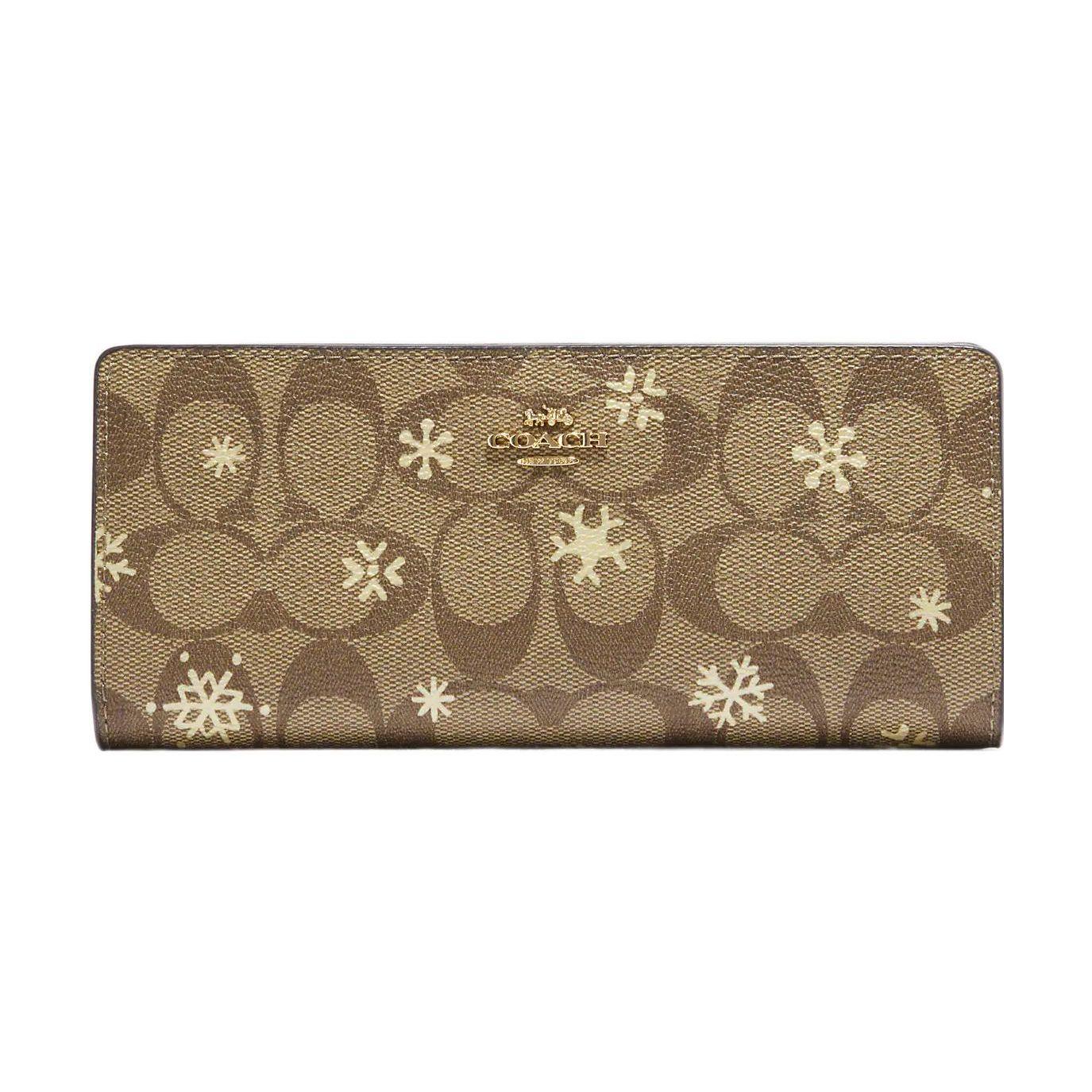 

Coach Slim Wallet 19 Classic Monogram Snap Closure Snowflake Print Coated Canvas Smooth Leather Card Holder Wallet Women Wallet Khaki CF329-IMV2X Basic Set (Bag+Dust Bag)