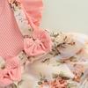 Baby Girls Two-piece Clothes Set, Pink Floral Printed Pattern Fly Sleeves Romper and Bow Knot Headdress, 0-18 Months