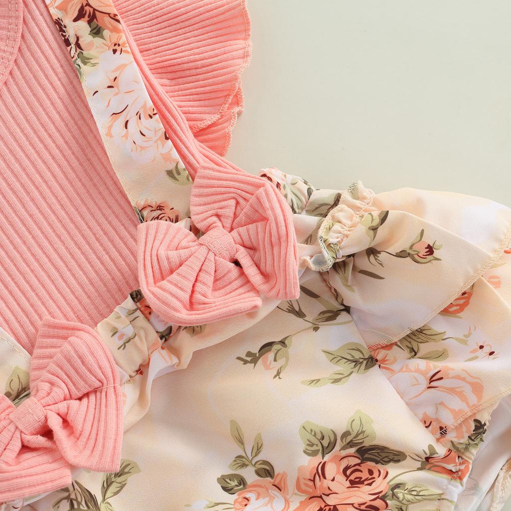 Baby Girls Two-piece Clothes Set, Pink Floral Printed Pattern Fly Sleeves Romper and Bow Knot Headdress, 0-18 Months
