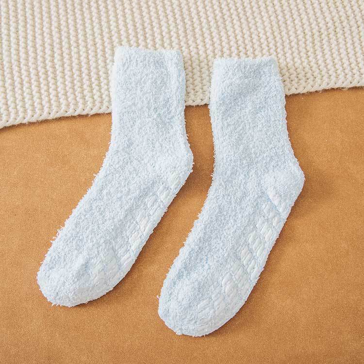 Non-shedding Coral Fleece Socks - Women's Solid Color Anti-slip Adhesive Socks for Winter and Autumn Warmth - Towel Half Fleece Floor Socks