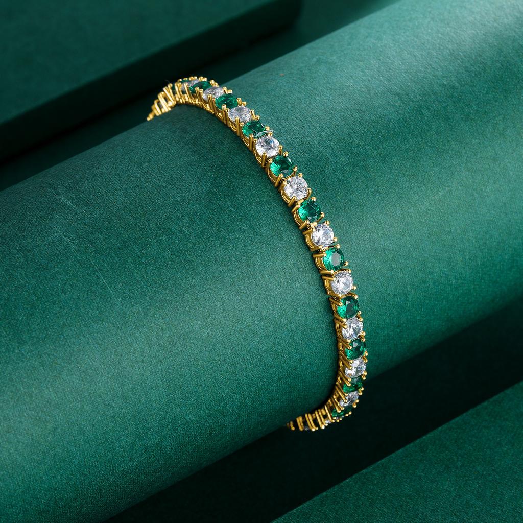 A Round 4mm Gold Zircon Green Buckle Tennis Copper Bracelet Tide, Popular