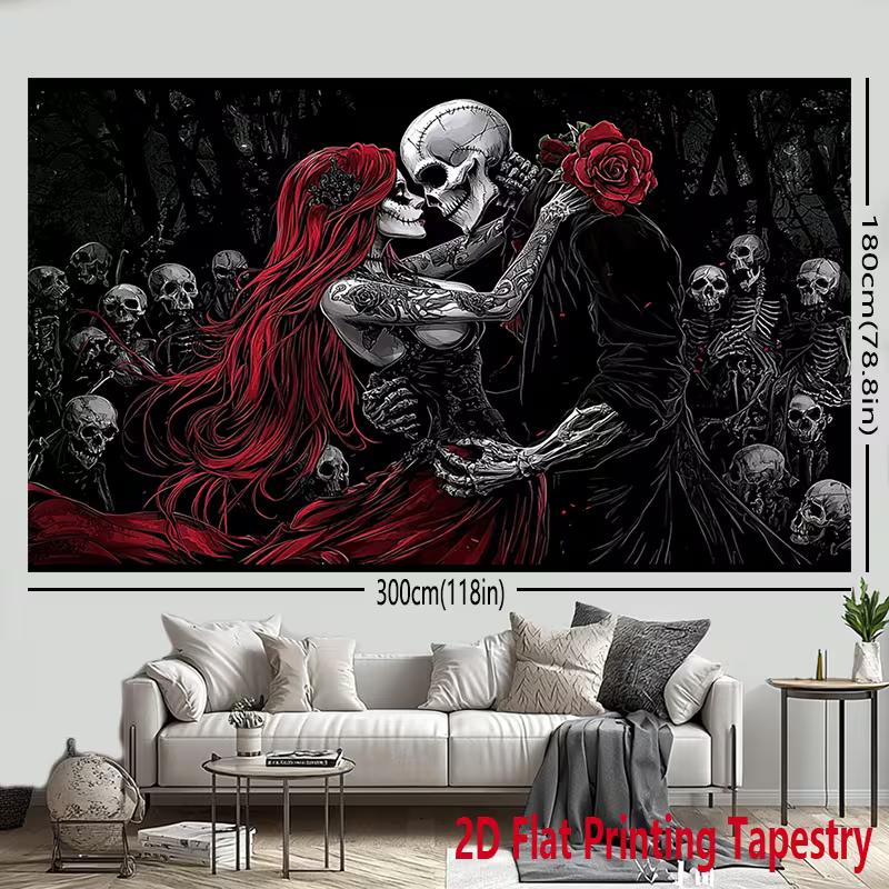 2D Halloween Skeleton Dance Tapestry Black Red Gothic Wall Art Decor