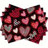 4pcs,Red Black Valentine's Day Hearts Placemats Set of 4, Buffalo Plaid Check Leopard Stripe Love Dining Table Place Mats Home Kitchen Decor, Wedd