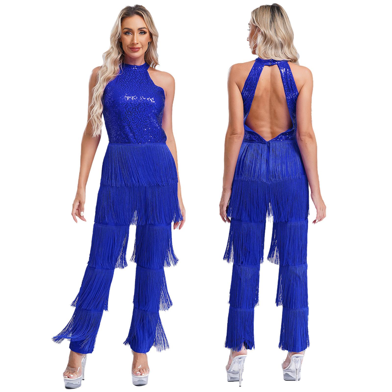 

Women Sleeveless Jazz Costume Flowy Tassel Rompers Performance Dancewear Fringe Jumpsuit Tango Cha-Cha Samba Dancing Party Dress S королевский синий