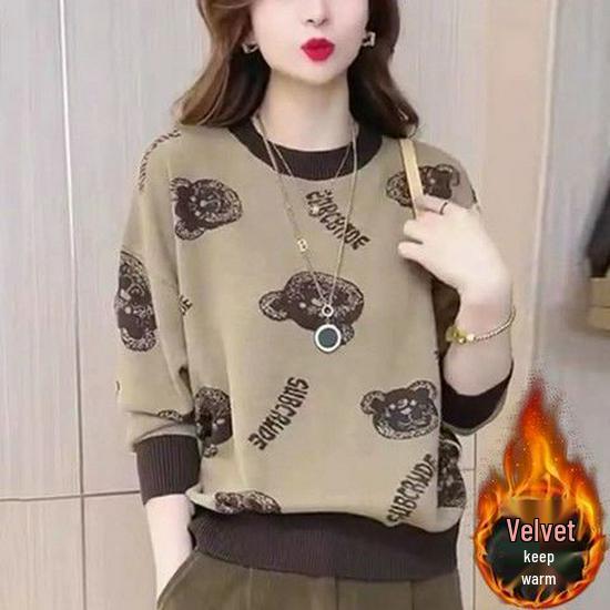 Women's Plush Little Bear Printed Base Layer Top - Warm, Loose, Plus Size, Autumn/Winter Style