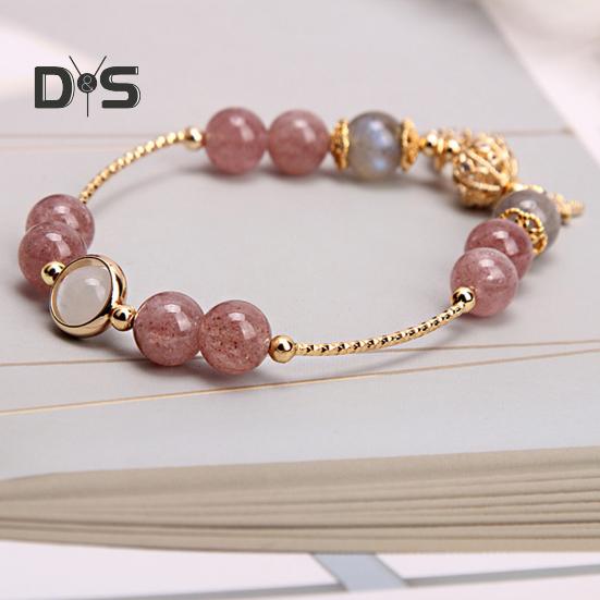 Women Bracelet Smooth Bead Polished Star Moon Pendant Rhinestone Adjustable Shopping Work Party Dating Wrist Chain Lady Jewelry