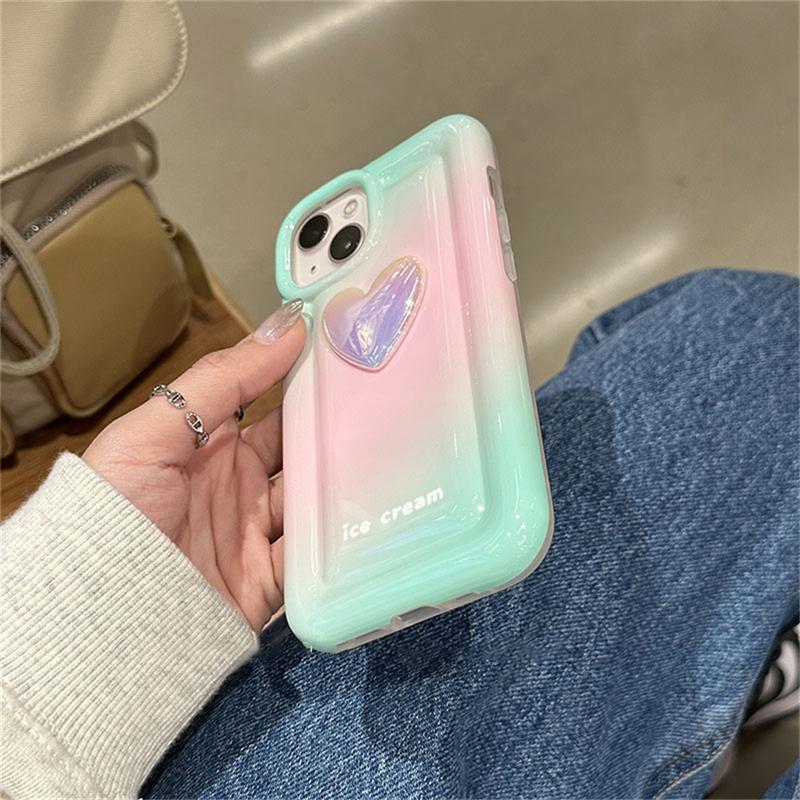 Funda de teléfono de silicona con gradiente de corazón de amor láser 3d coreano para Iphone 14 13 12 11 Pro Max Smudge Pink, funda suave Simple a prueba de golpes