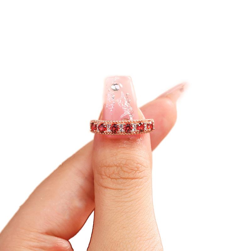 Imitation Natural Garnet Ring Women'S Rose Gold Plated Row Diamond Inlaid 3Mm Light Luxury Row Ring