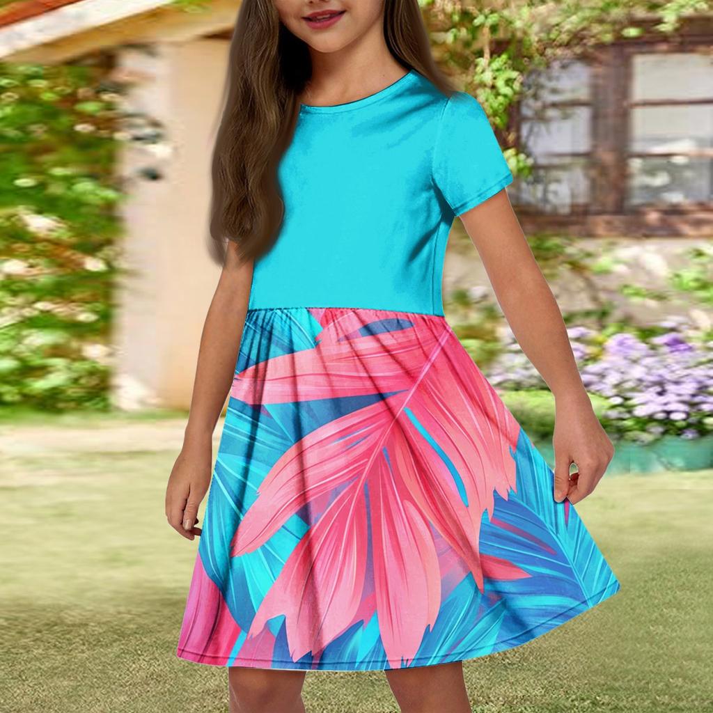 Mädchen Sommerkleid Einfarbig & Druck Ärmelloses Kleid mit Tasche Freizeitkleid Kurzarm Partykleid