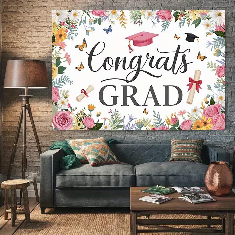 2D Flower Butterfly Congrats GRAD Banner for Grad Photoshoot 47.2x31.5inch/120*80cm