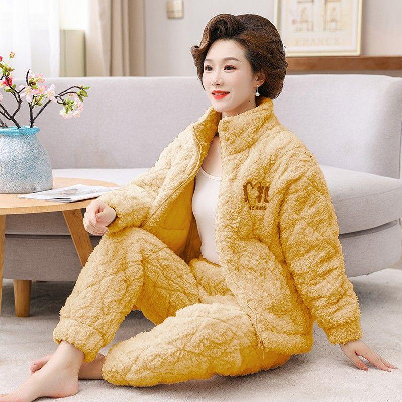 Autumn Winter Women's Padded Thick Coral Fleece Coat and Pants Two-piece Warm Pajamas Set Loungewear