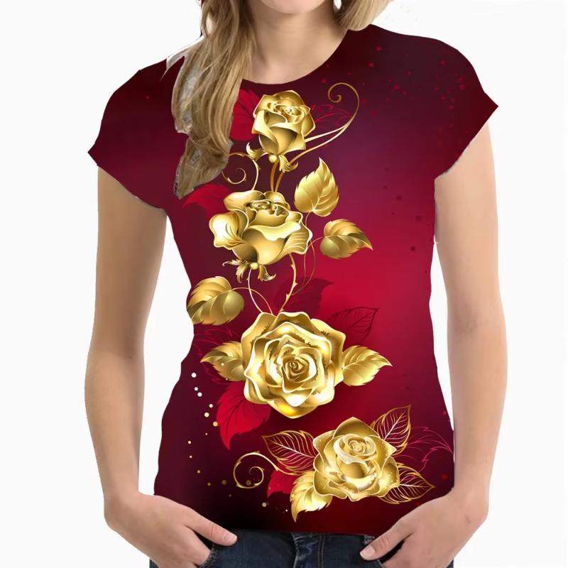 Nuova T-shirt da Donna a Maniche Corte con Stampa 3D Rose Graphix Estiva Casual Y2k Harajuku Girocollo Abbigliamento