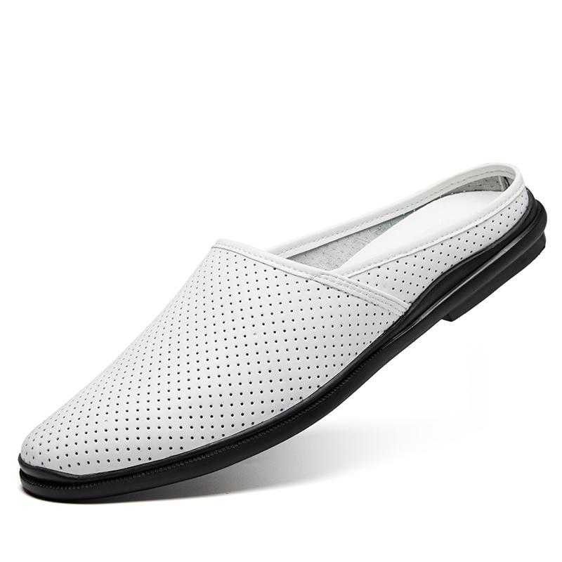 High Quality Half Shoes For Men Casual Hollow Breathable Summer Slippers Genuine Leather Mens Shoes Slip-On Flip Flops Loafers