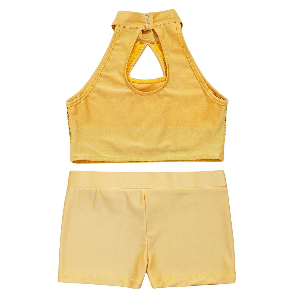Girls Dance Performance Set Hollow Front Keyhole Back Sequin Patchwork Sleeveless Crop Top Shorts
