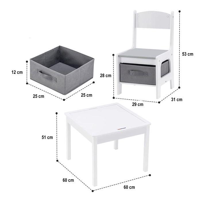 GINGER HOME Stół dla Dzieci + 2 Krzesła – Dwustronny Blat Kompatybilny z LEGO – Biały/Szary Drewno – Od 3 Lat