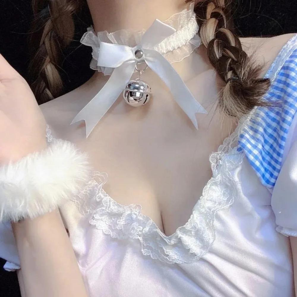 Gothic Lace Bow Bell Pendant Necklace with Butterfly Necklace Cute Collar for Women Fashion Jewelry Accessories Goth Necklace