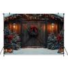 Mocsicka Photography Background Christmas Decor Photo Backdrop Green Xmas Tree Vintage Wooden House Door Pattern Shooting Banner
