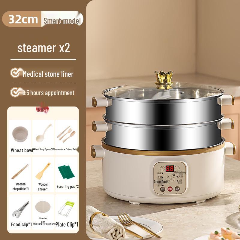 Wielofunkcyjny parowar elektryczny: Stal nierdzewna, Trójwarstwowy, Minutnik, do gotowania na parze, gotowania i duszenia