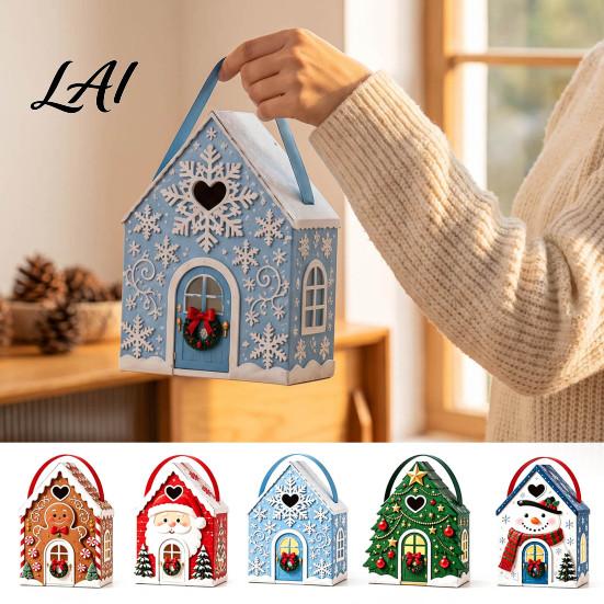 Seasonal Candy Packaging Boxes Christmas House Handle 3D with Gift Box Gingerbread/Santa Claus/Tree/Snowflake Decorative Cardboard