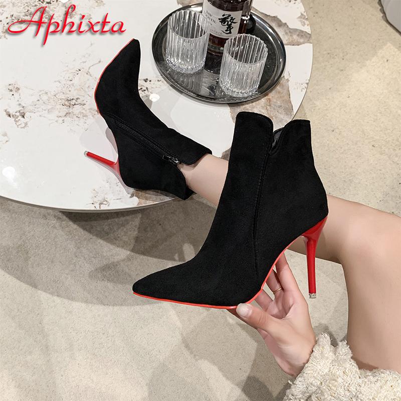 Aphixta 10cm Stilettos Winter Red Heels Zip Warm Black Ankle Boots Women Flock Footwear Shoes Women Super Big Size 47 48 49 50