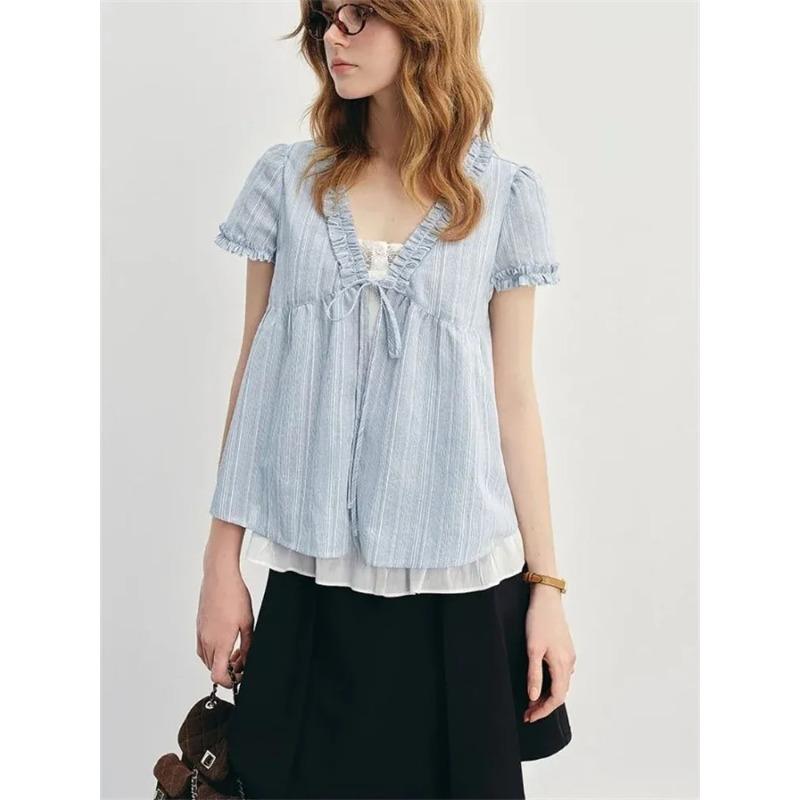 Синий Летний Женский Объемный Свободный Модный Узел Корейский Сладкий Свободный XS