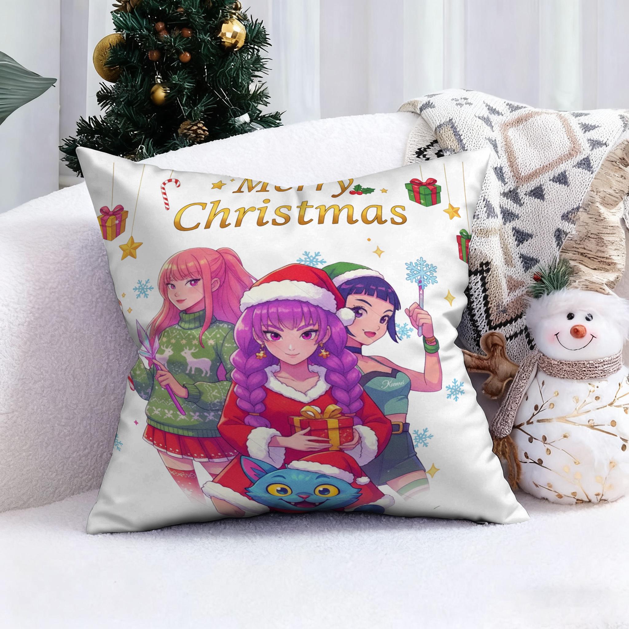 

KPop Demon Hunters Christmas Couple Cute Picture Pillowcase: Sweet Fashion Home Decoration for purple Hair and black Hair 45x45cm