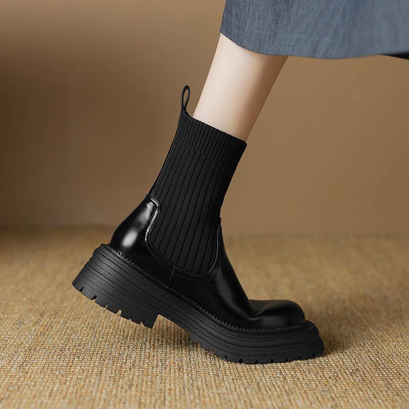 Krazing Pot Microfiber Autumn Winter Shoes Thick High Heels Flat Platform Size 43 Motorcycle Boots Knitwear Non-slip Ankle Boots