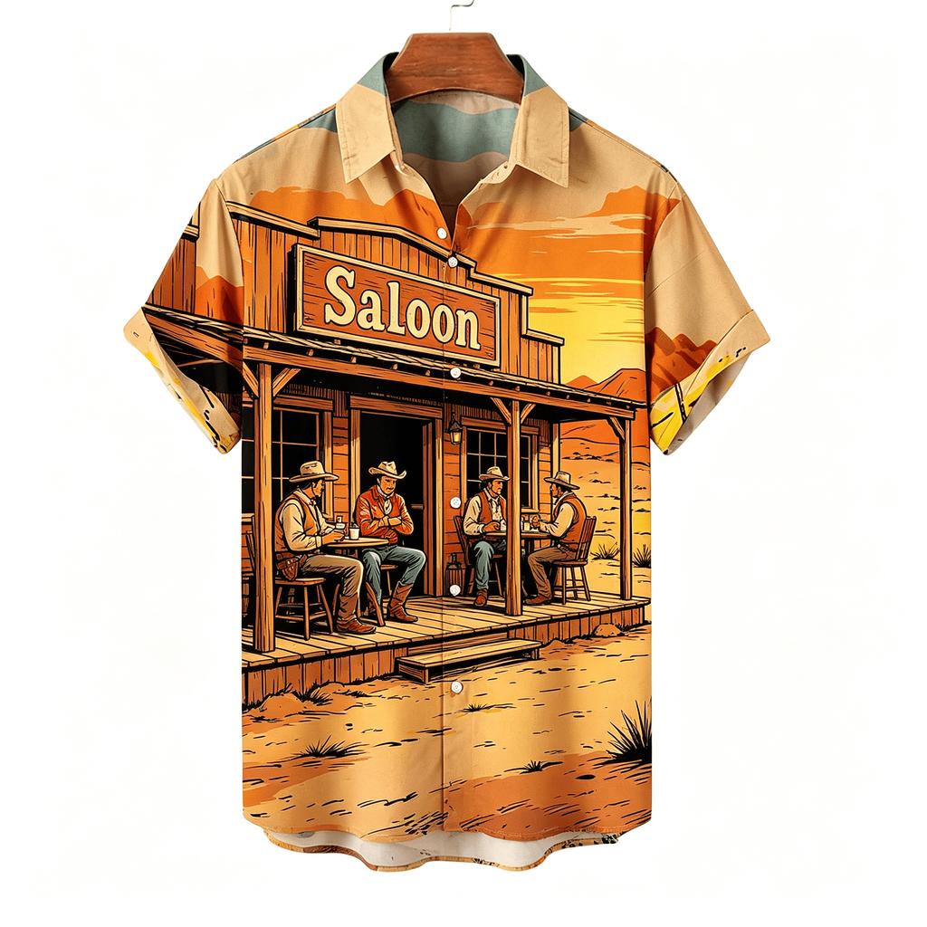 Men's Western Cowboy Rodeo Print Short Sleeve Shirt, Retro Comic Style, Casual Summer Vacation