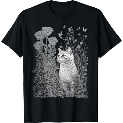 Cottagecore Floral Cat Aesthetic Graphic T-Shirt for Men, Breathable Short Sleeve Round Neck Tee