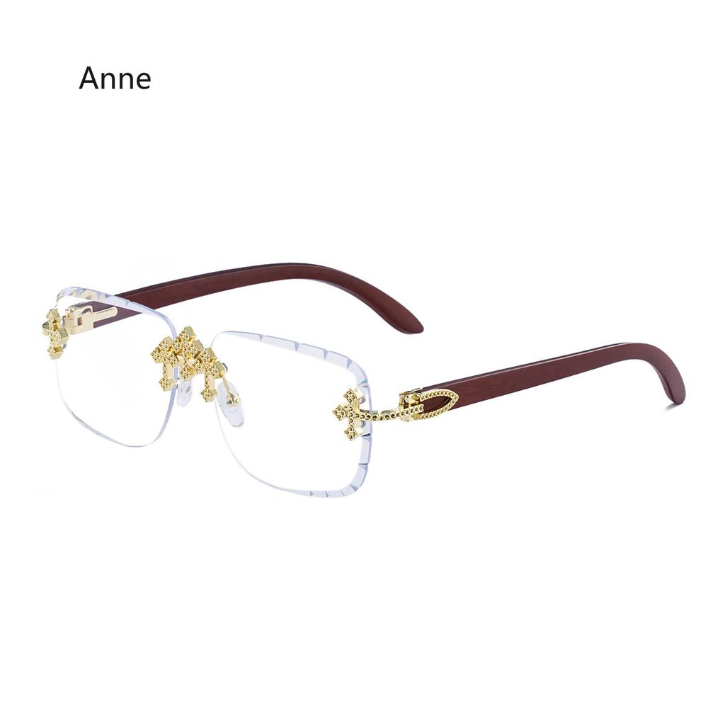 Punk New Men's Retro Square Rimless Sunglasses Cross with Diamond-Cut Edges Gradient Shades Imitation Wood Grain Women Glasses