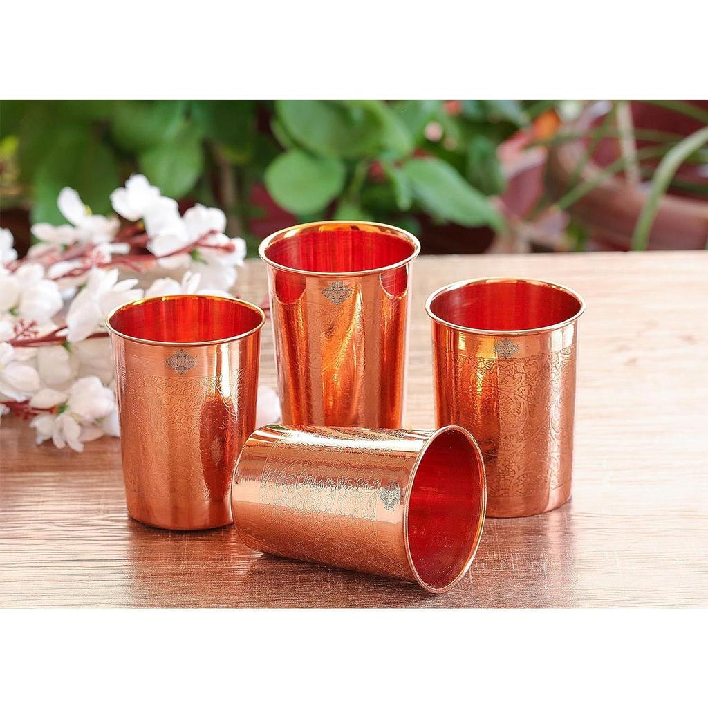 Pure Copper Plain Glass with Embossed Design, Drinking Serving Water, Yoga Ayurveda, Volume-300 Ml