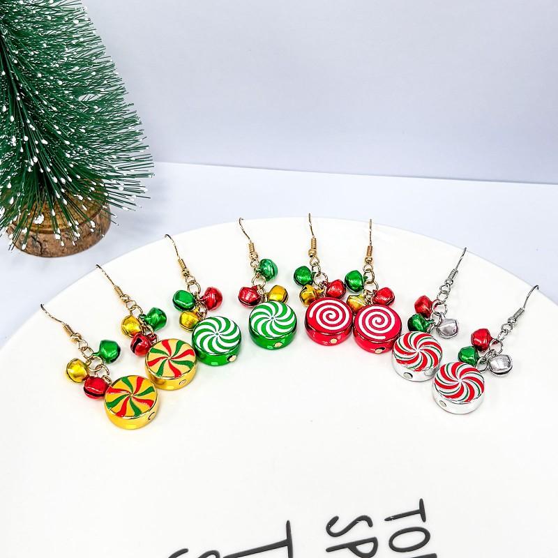 Christmas Candy Earrings Set With Bell Charms Matching Bracelet Women ABS Handmade Festive Jewelry