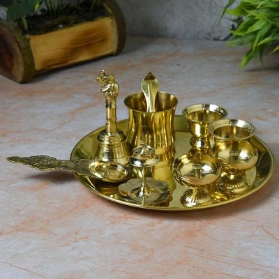 8-Zoll Schlichtes Messing Pooja Thali Set mit Diyas, Kumkum-Schalen, Räucherstäbchenhalter & Zubehör