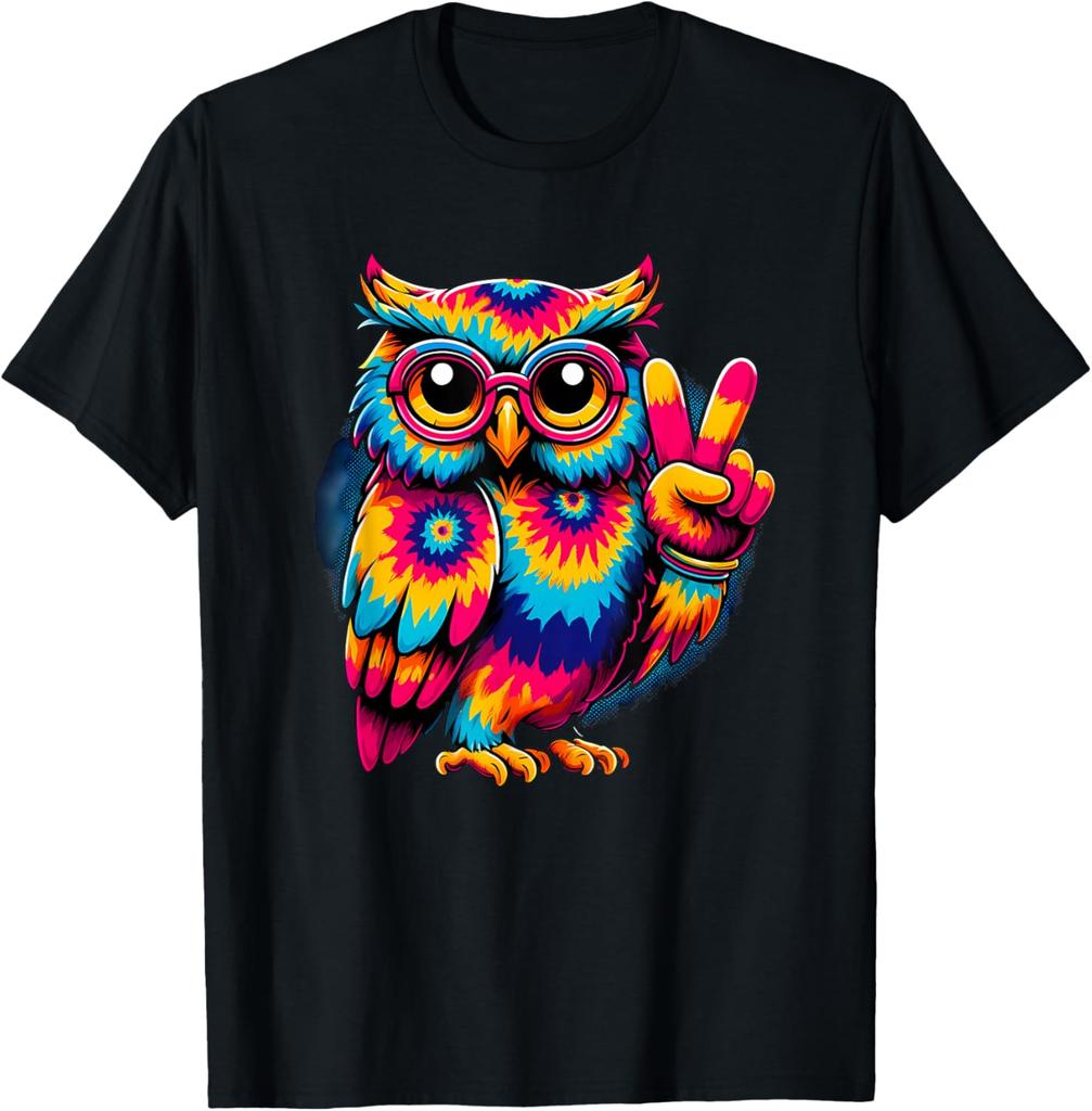 Tie Dye Peace Sign Owl Graphic Tee Men's Casual Breathable Cotton T-Shirt Trip Wear