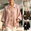 Top de Punto Oversize con Cuello para Mujer, Cárdigan Suéter, con Botones Metálicos Grandes, Manga de Linterna Holgada Casual para Primavera Otoño