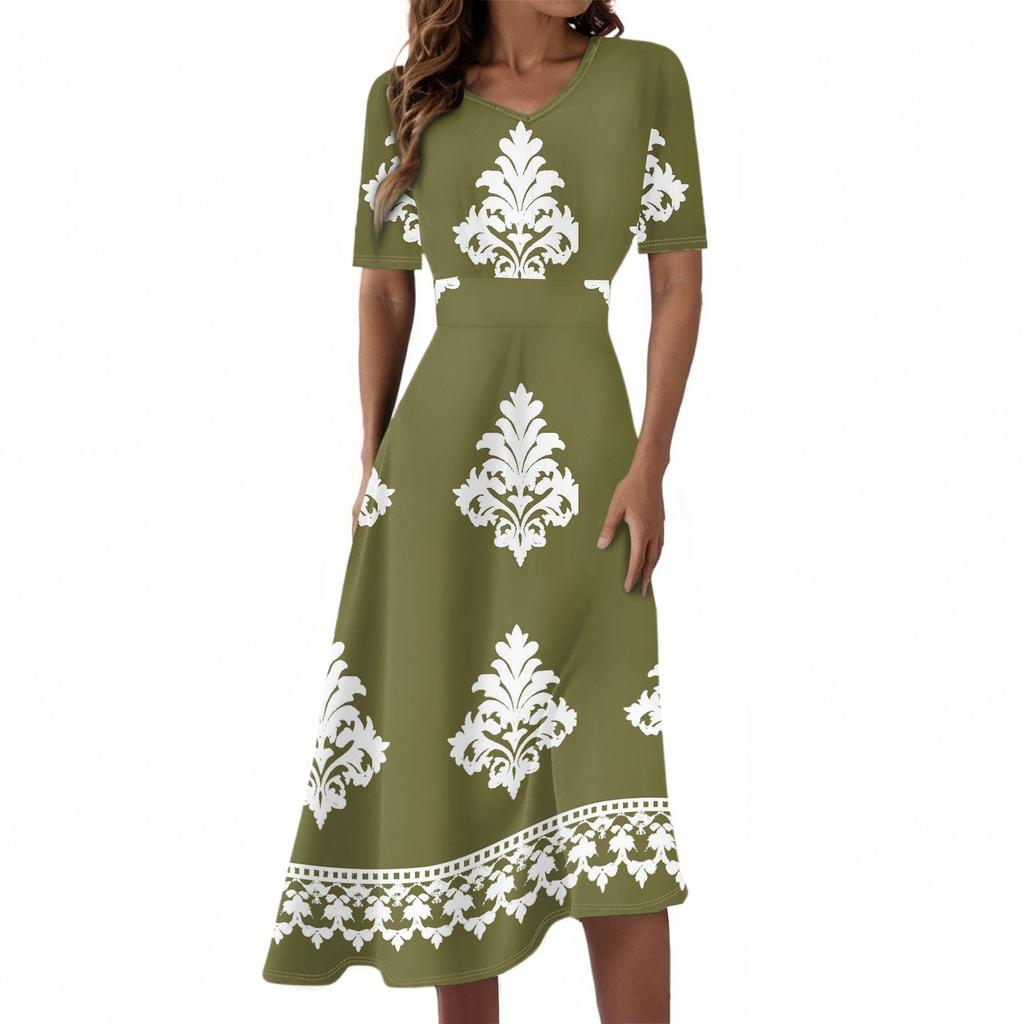 Damen Freizeitmode Retro Bedrucktes V-Ausschnitt Kurzarm Taillenlanges Kleid